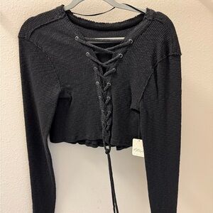 Free People Black Lace-Up Ribbed Crop Top
